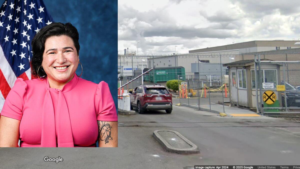An inset image of Emily Randall overlayed atop the Tacoma Northwest Detention Center