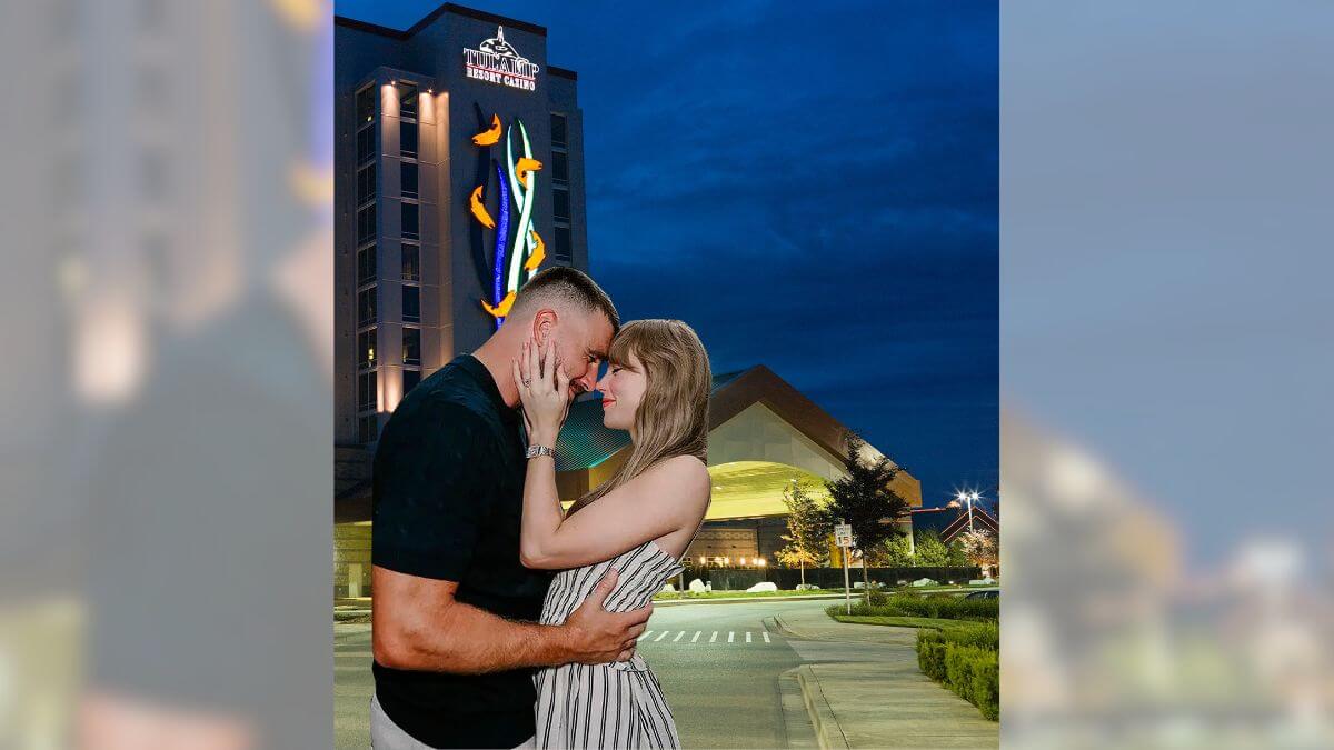 A composite image of Taylor Swift and Travis Kelce against the backdrop of the Tulalip Resort Casino