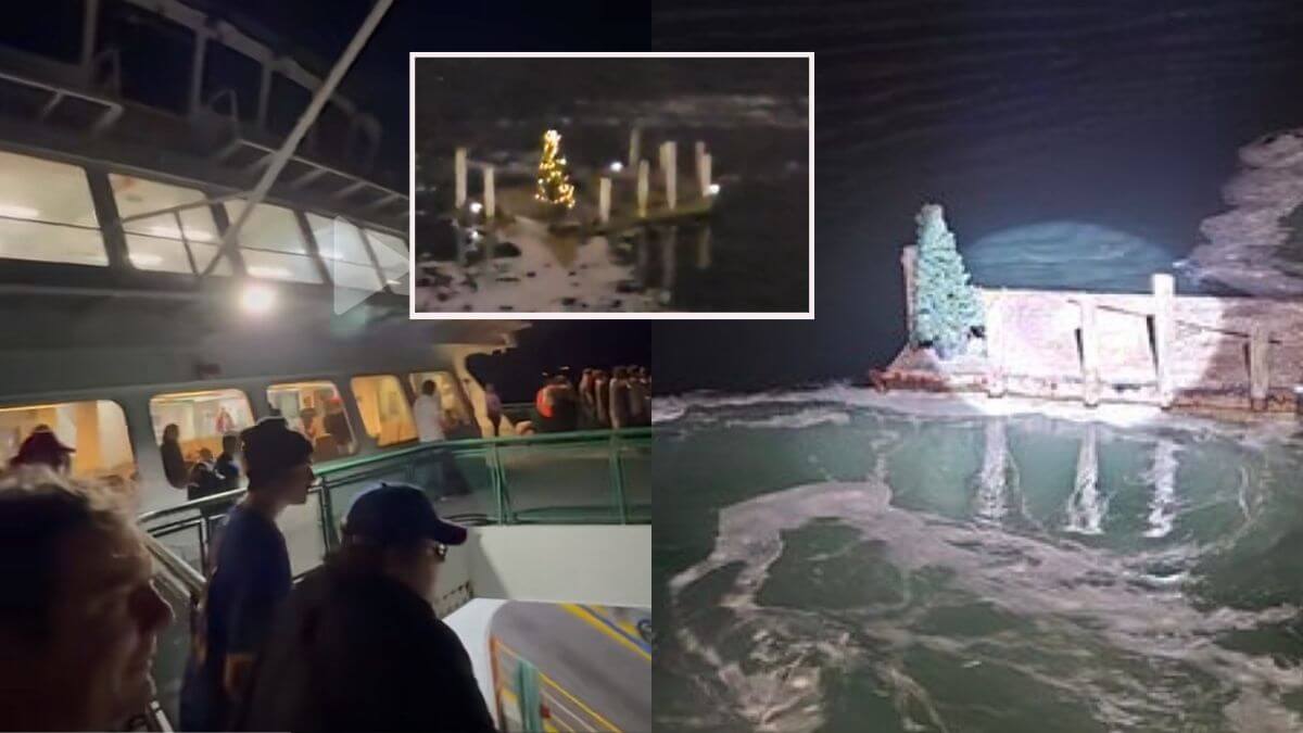 The Washington State Ferry Chimacum inspects a detached dock with a Christmas tree late Monday, Sept. 8.