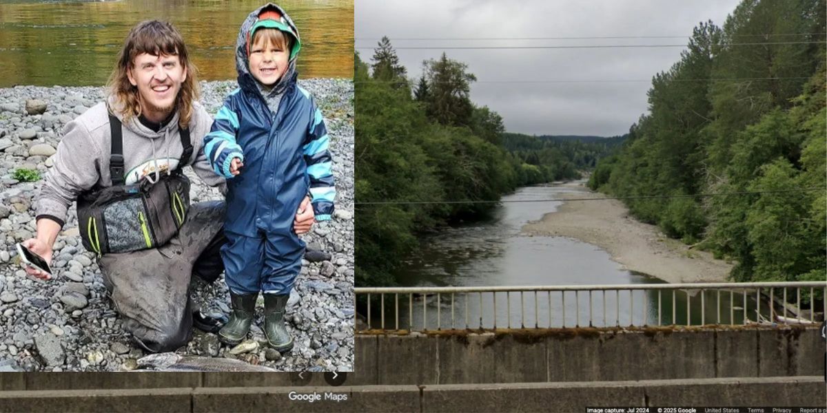 Christian Akers and his 7-year-old son, Wyatt Akers, pictured together with the Bogachiel River in the background