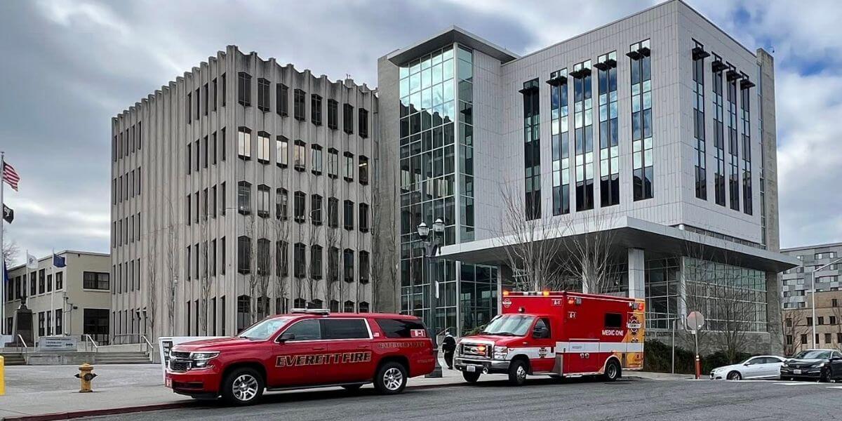 Everett Fire Department vehicles outside the Snohomish County Courthouse